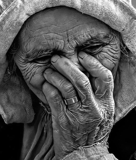 Pencil drawing - old woman with hand over her face