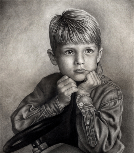 Pencil drawing - young boy with toy car